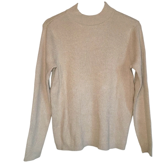 Large KAREN SCOTT 100% Cotton Cream Mock Neck Long Sleeve Ribbed Knit Sweater - Picture 1 of 5
